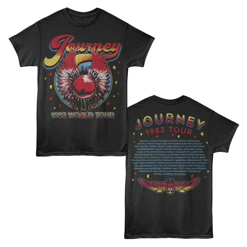 Smoke gray Journey t-shirt featuring Journey 1983 World Tour design (front and back)