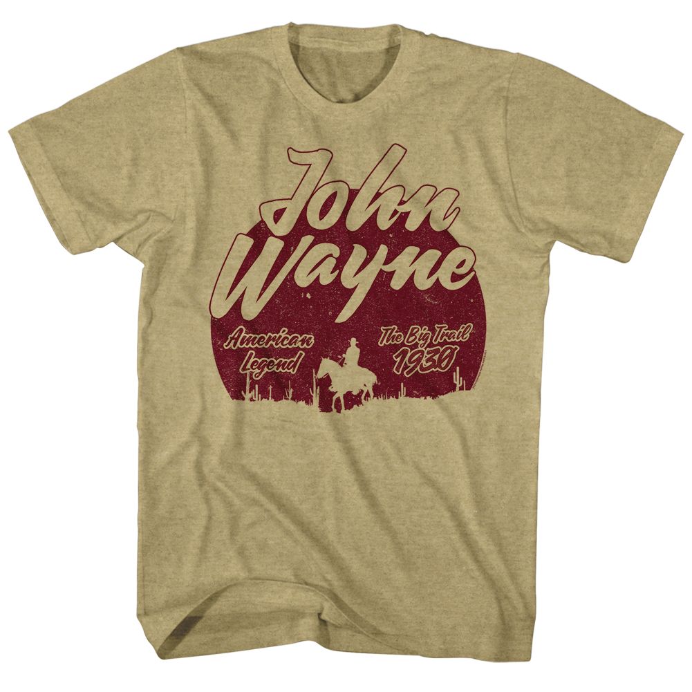Khaki Heather John Wayne t-shirt featuring a Big Trail design