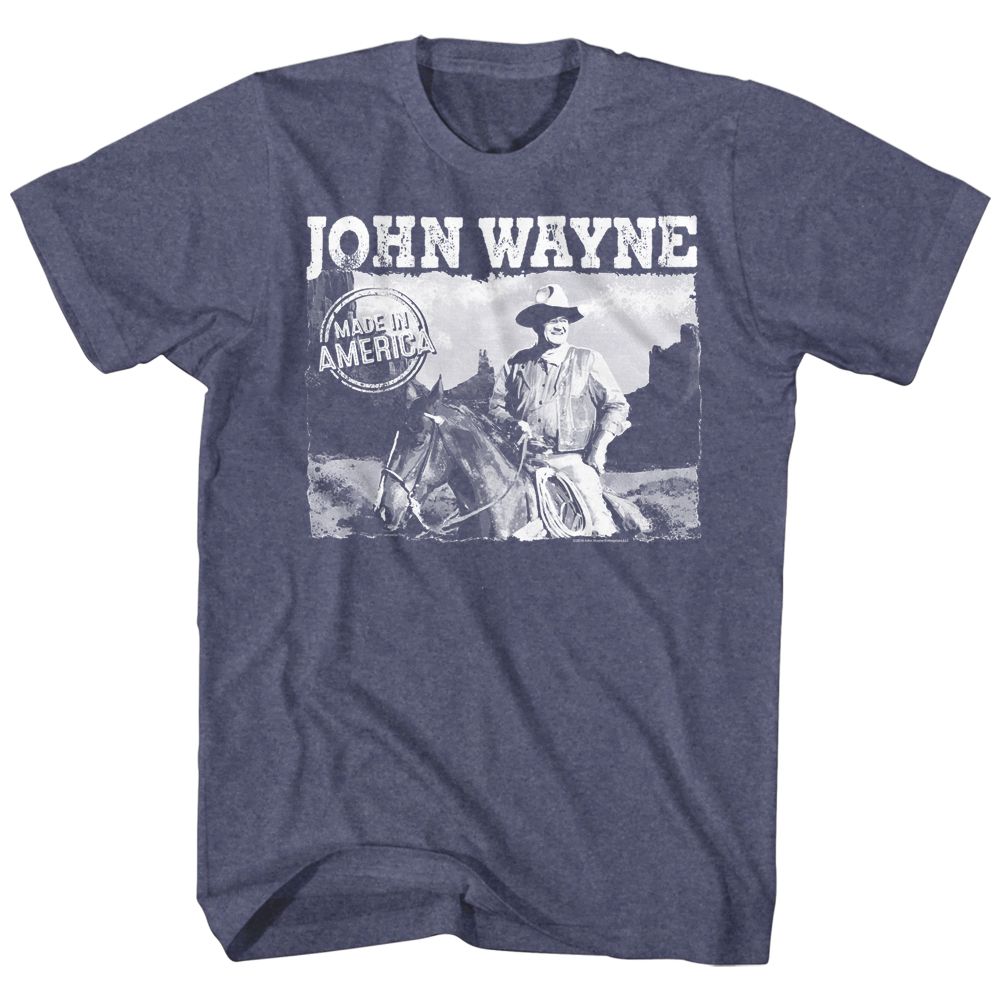 Indigo heather John Wayne t-shirt featuring John Wayne Made In America design