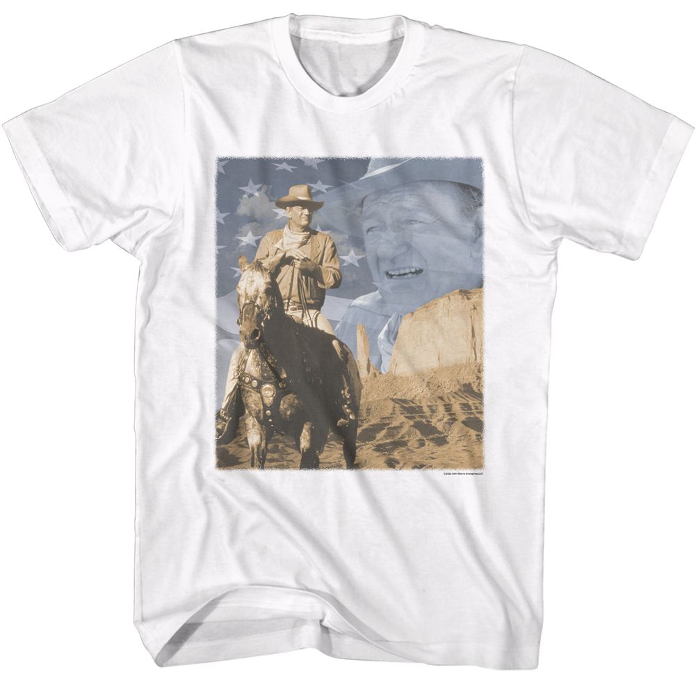 White John Wayne t-shirt featuring John Wayne Flag And Horse design