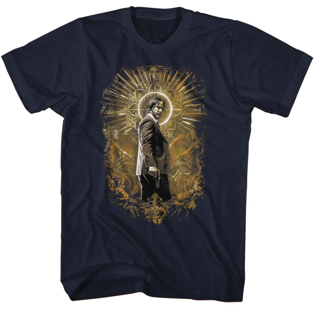 Navy John Wick t-shirt featuring John Wick Gold Halo design