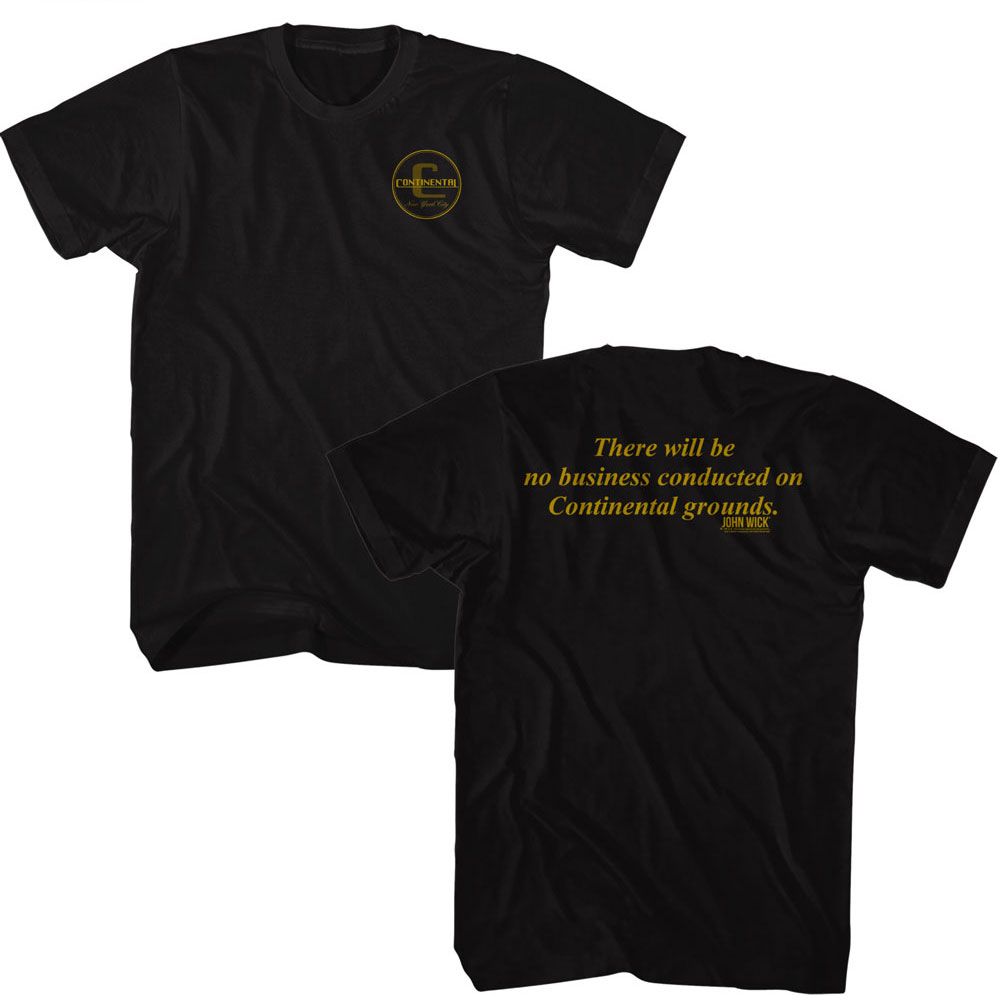 Black John Wick t-shirt featuring John Wick Continental Locations design (front and back)