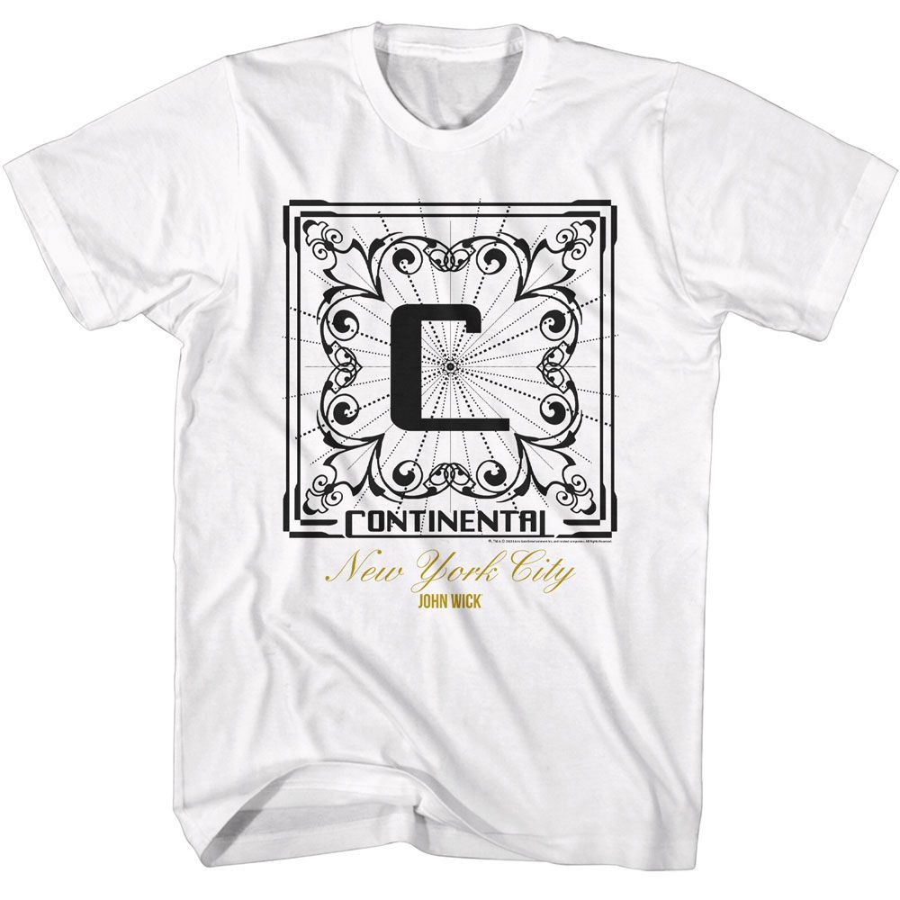 White John Wick t-shirt featuring John Wick Continental NYC Square design