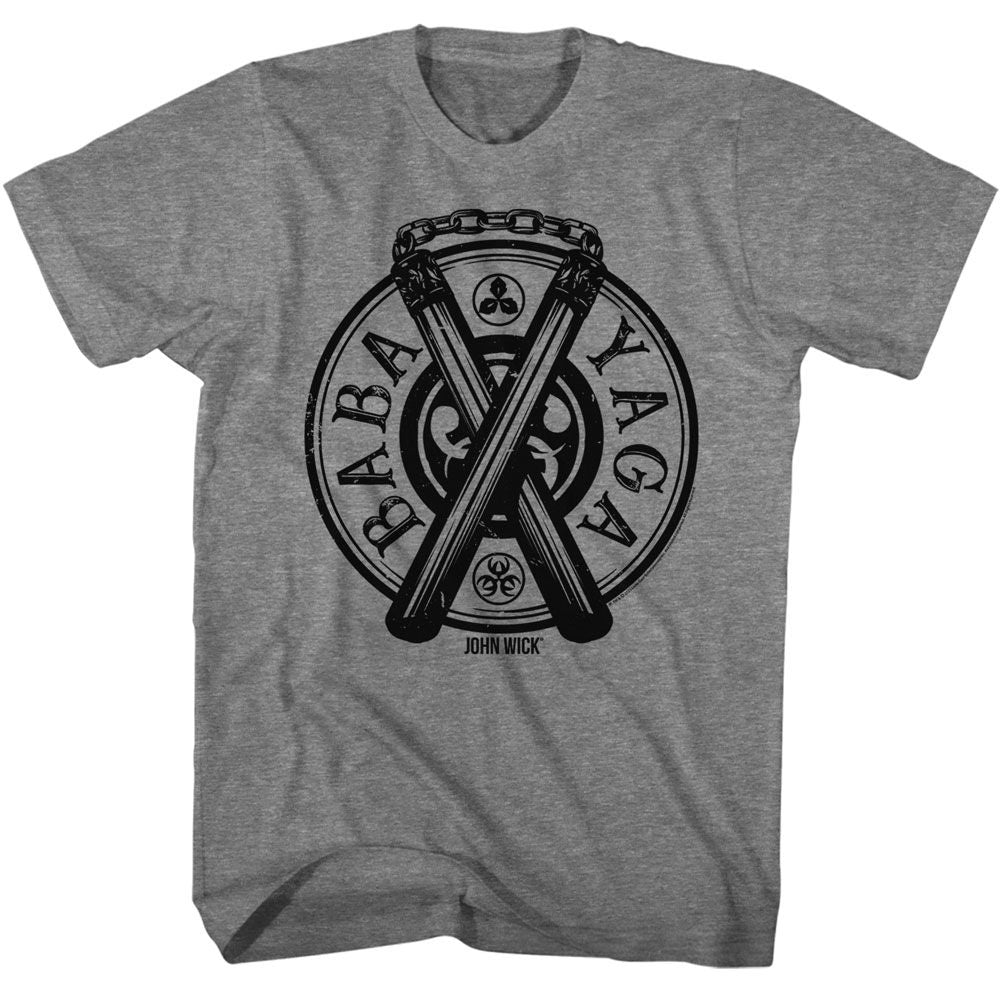 Graphite heather John Wick t-shirt featuring John Wick Baba Yaga Badge design
