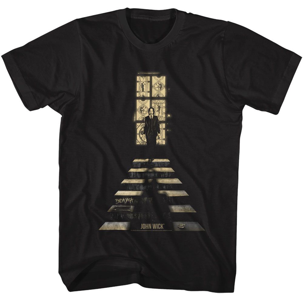 Black John Wick t-shirt featuring John Wick Stained Glass Window design