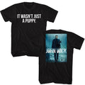 Black John Wick t-shirt featuring John Wick Wasn't Just A Puppy design (front and back)