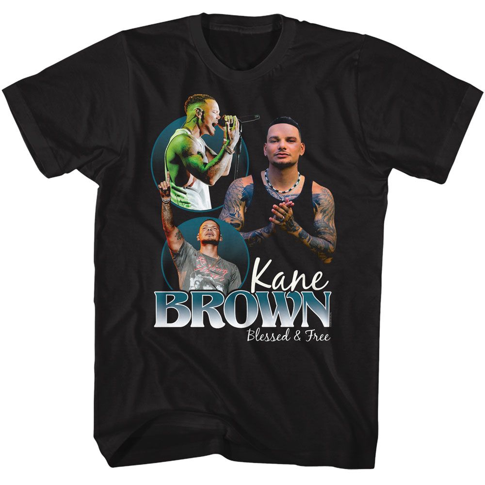 Black Kane Brown t-shirt featuring Kane Brown Blessed And Free Collage design