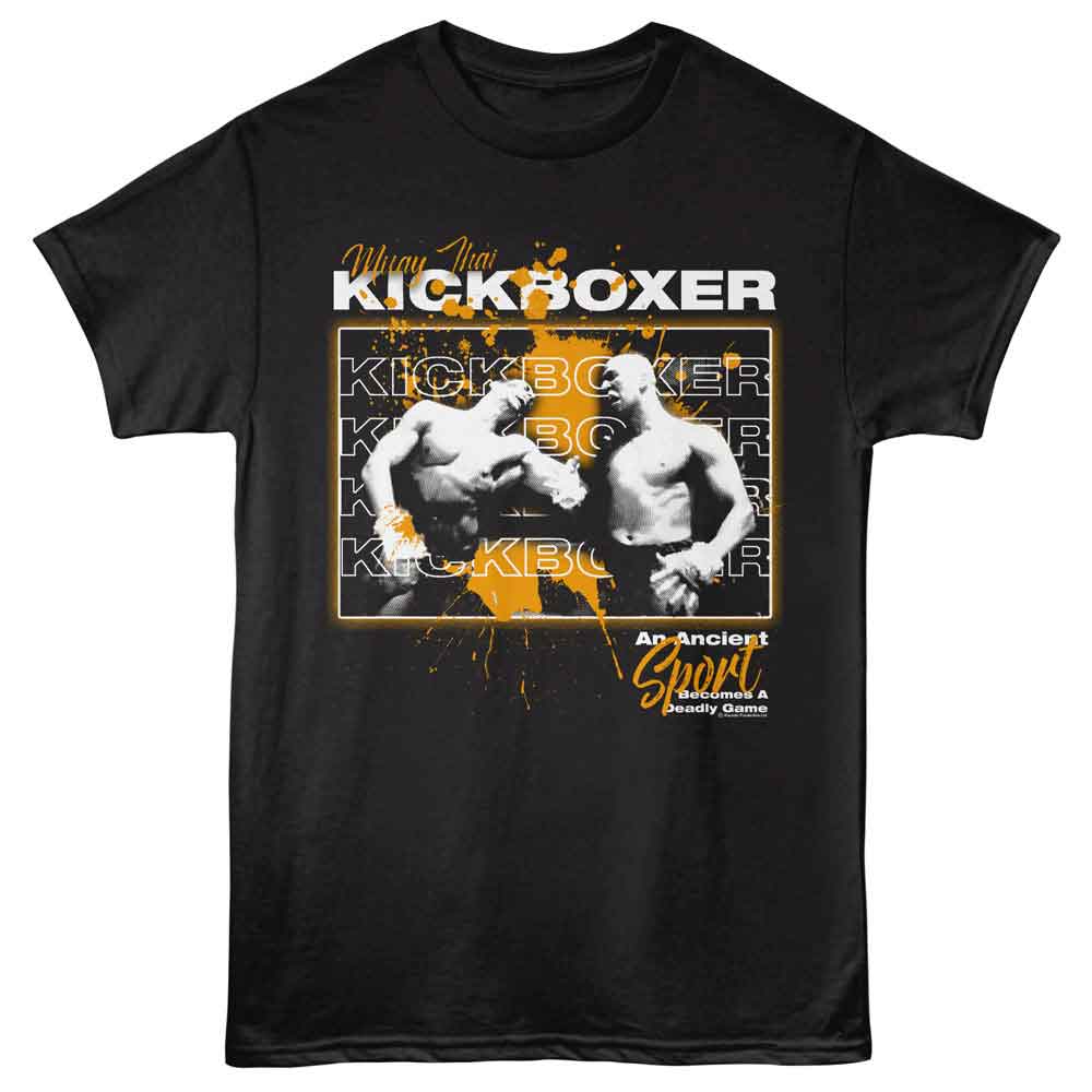 Black Kickboxer t-shirt featuring Kickboxer Splatter Repeat Text design