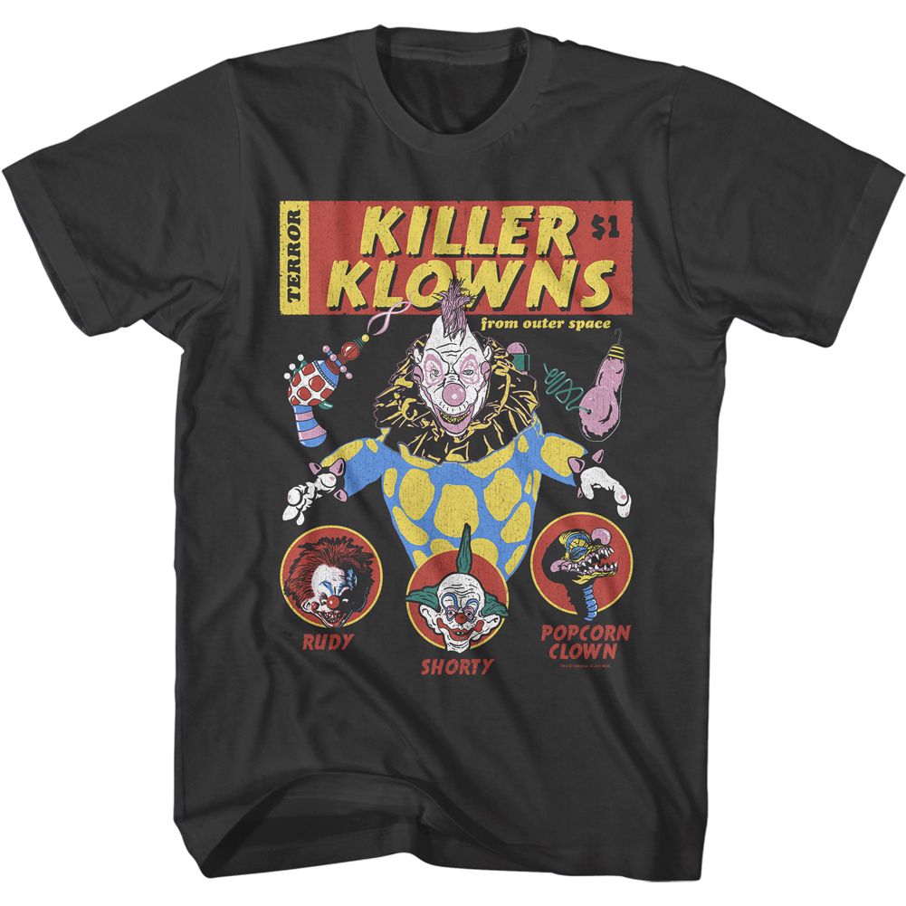 Smoke gray Killer Klowns from Outer Space t-shirt featuring Killer Klowns Comic Cover design