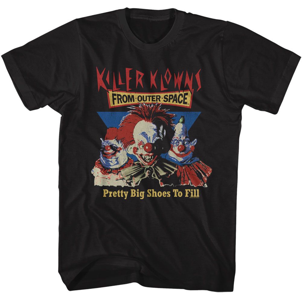 Black Killer Klowns from Outer Space t-shirt featuring Killer Klowns Pretty Big Shoes To Fill design