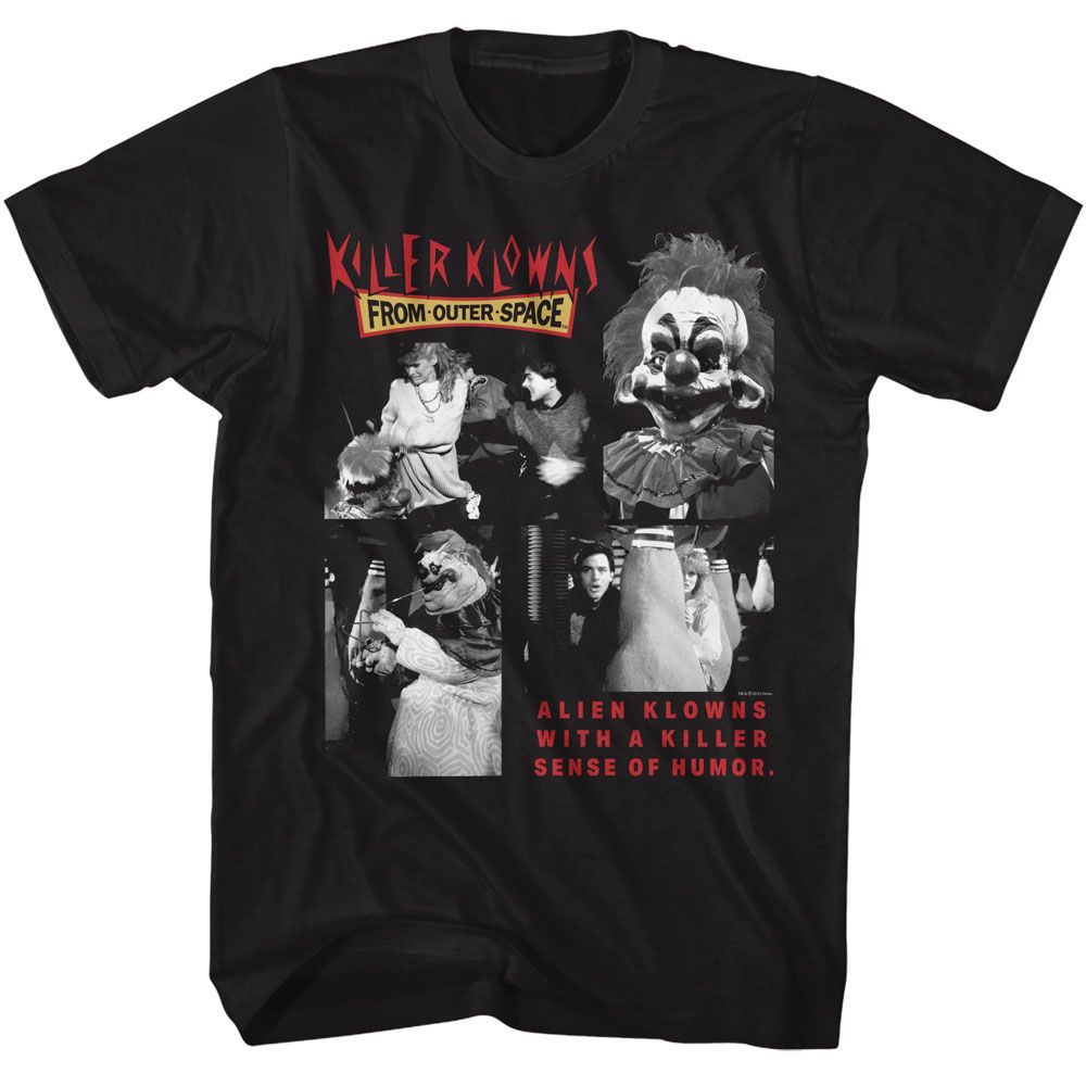 Black Killer Klowns from Outer Space t-shirt featuring Killer Klowns Four Black And White Photos design