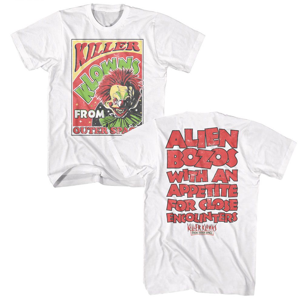 White Killer Klowns from Outer Space t-shirt featuring Killer Klowns Circus Poster design (front and back)