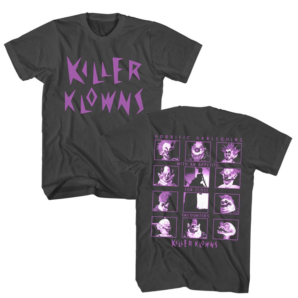 Smoke Gray Killer Klowns from Outer Space t-shirt featuring a Horrific Harlequins design