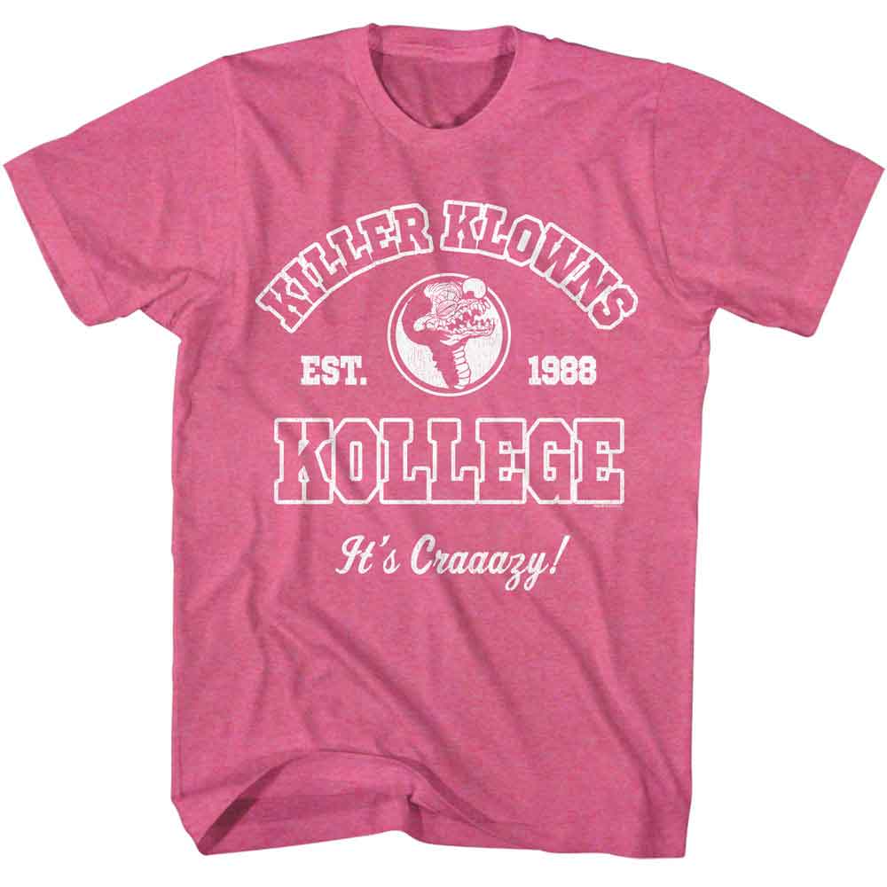Retro Pink Heather Killer Klowns from Outer Space t-shirt featuring a Killer Klowns Kollege design