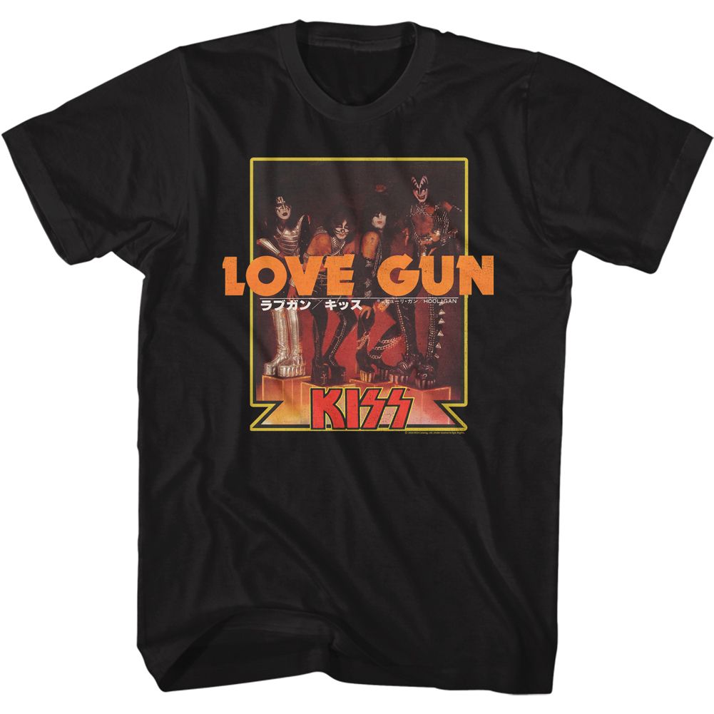 Black KISS t-shirt featuring KISS Love Gun Japanese Text design