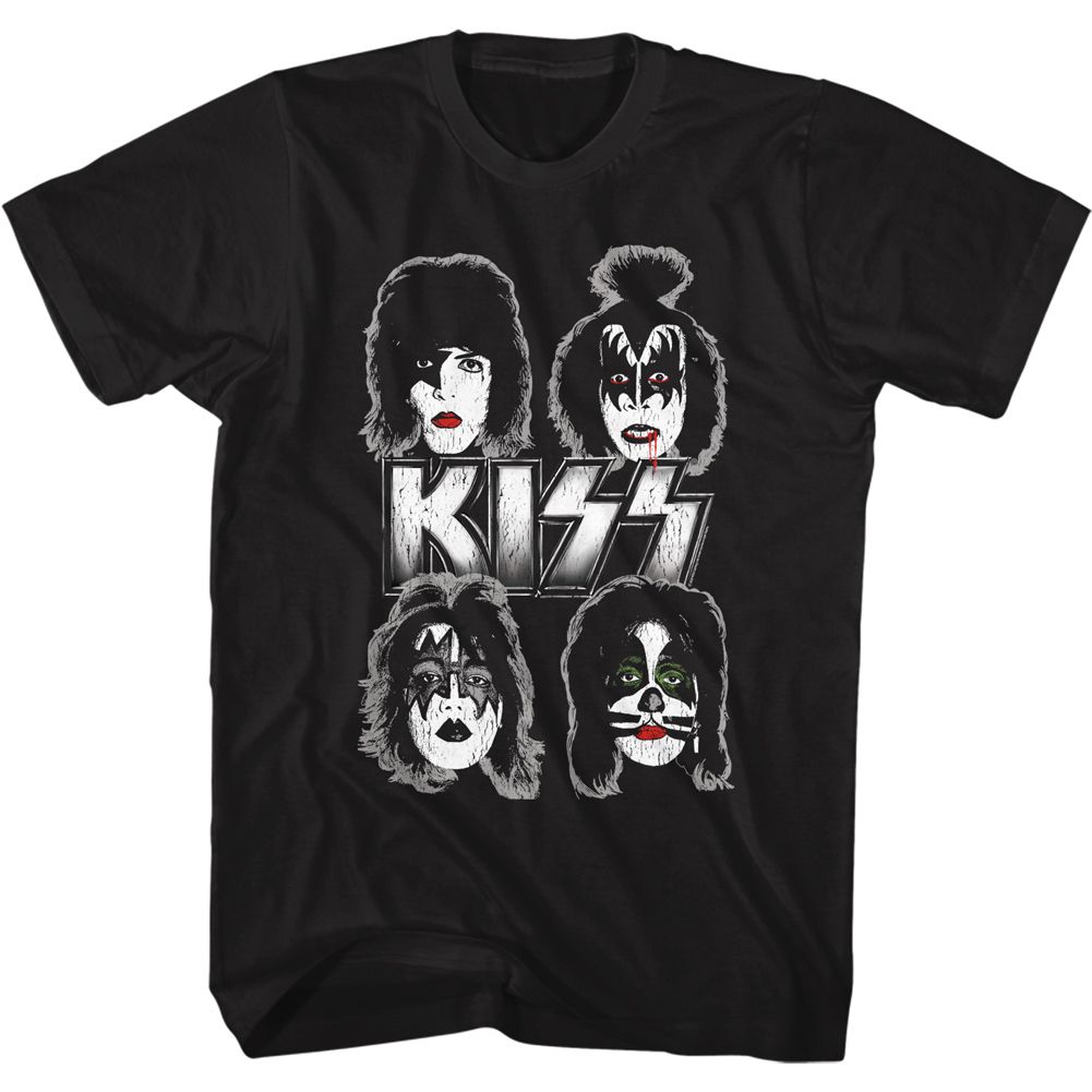 Black KISS t-shirt featuring KISS Band Faces design