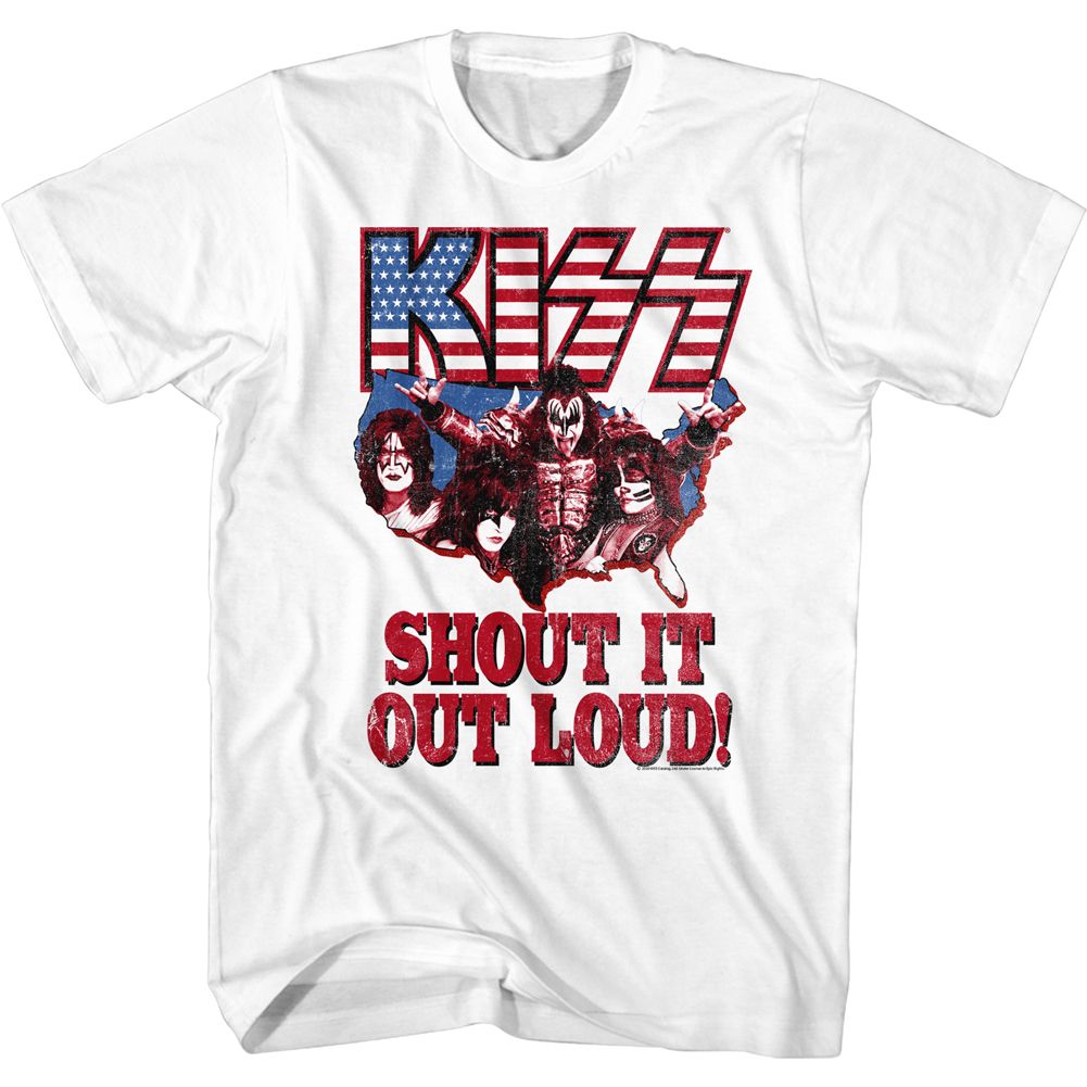 White KISS t-shirt featuring KISS Shout design