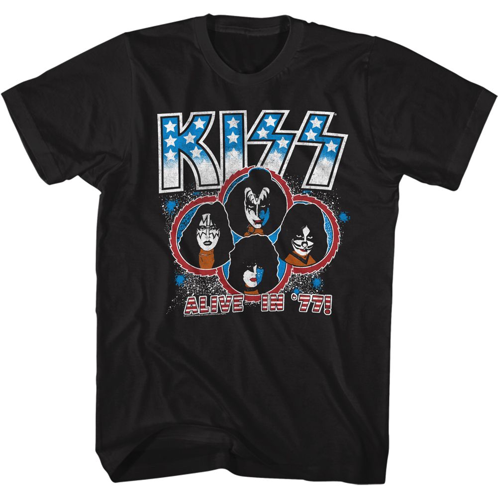 Black KISS t-shirt featuring KISS Alive In 77 design