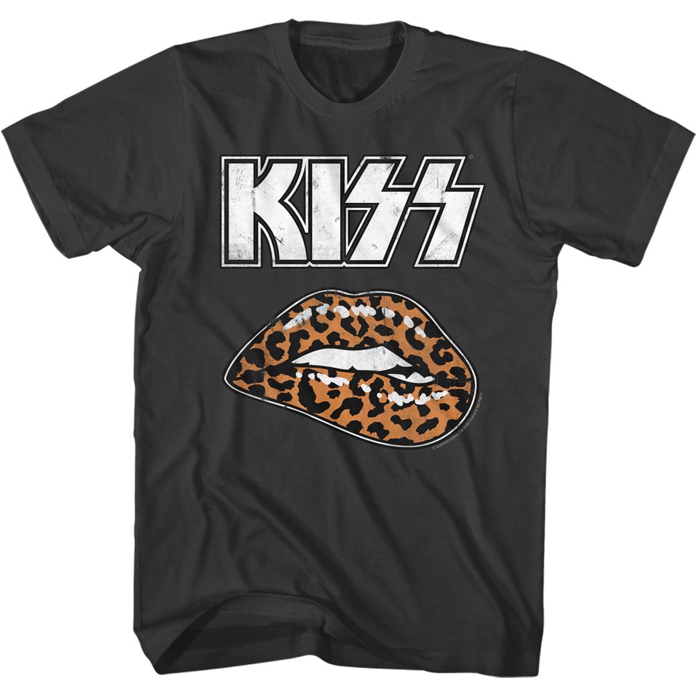 Smoke gray KISS t-shirt featuring KISS Leopard Lip design