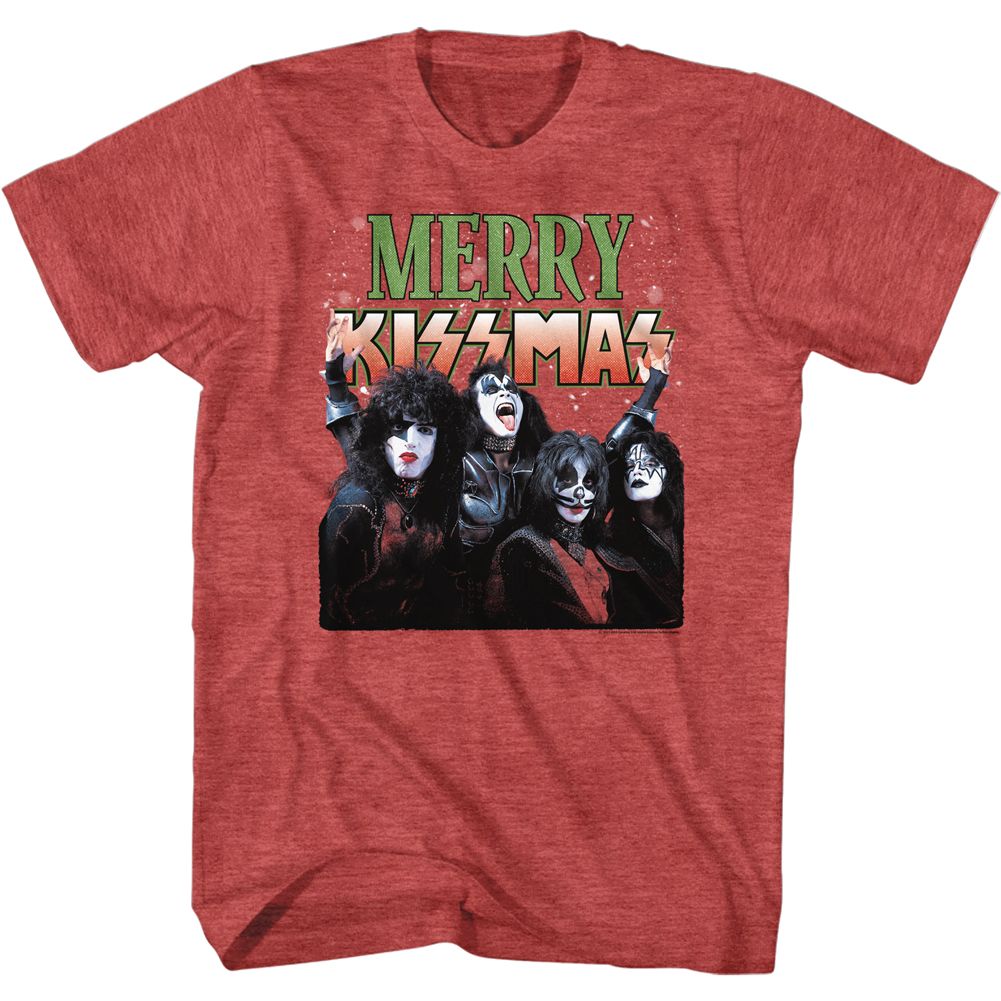 Red heather KISS t-shirt featuring KISS Merry Kissmas design