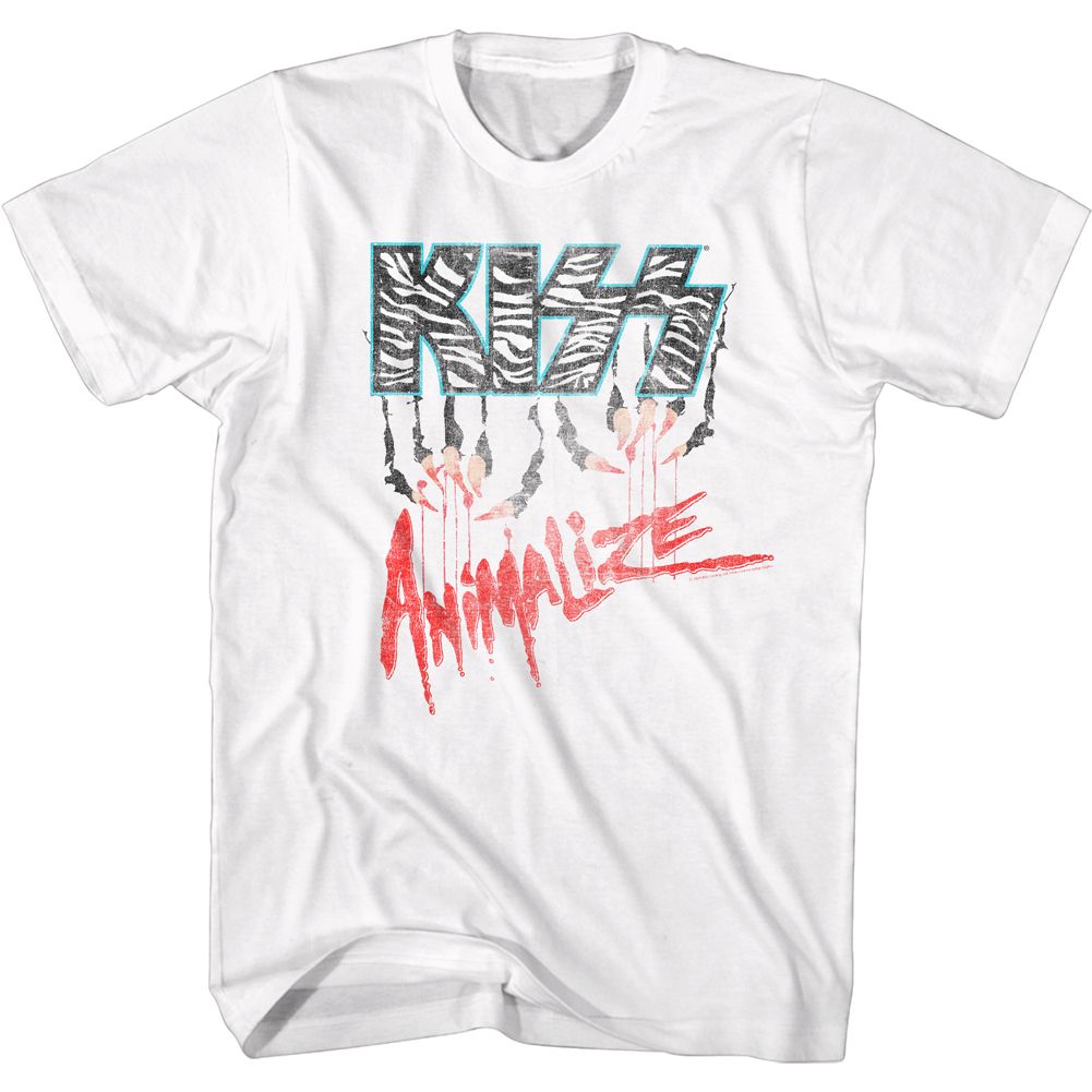 White KISS t-shirt featuring KISS Animalize Logo design