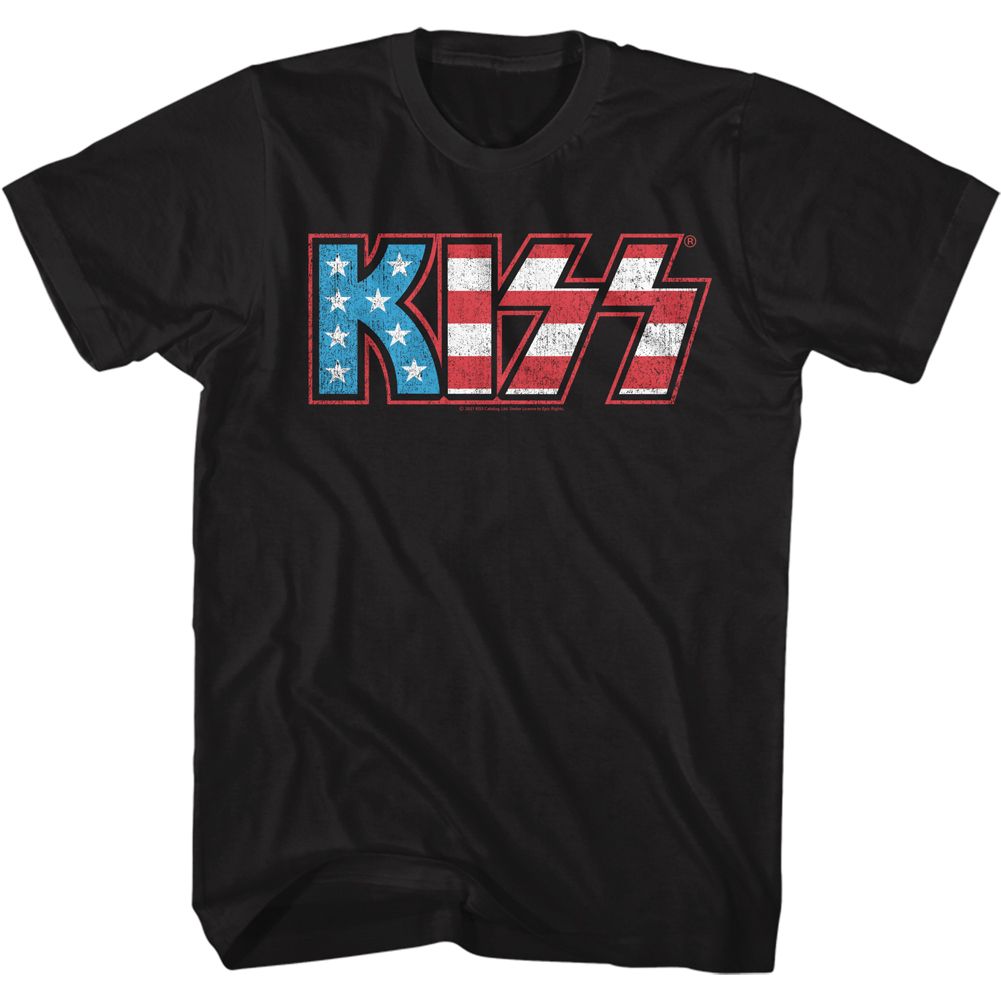 Black KISS t-shirt featuring KISS Flag design