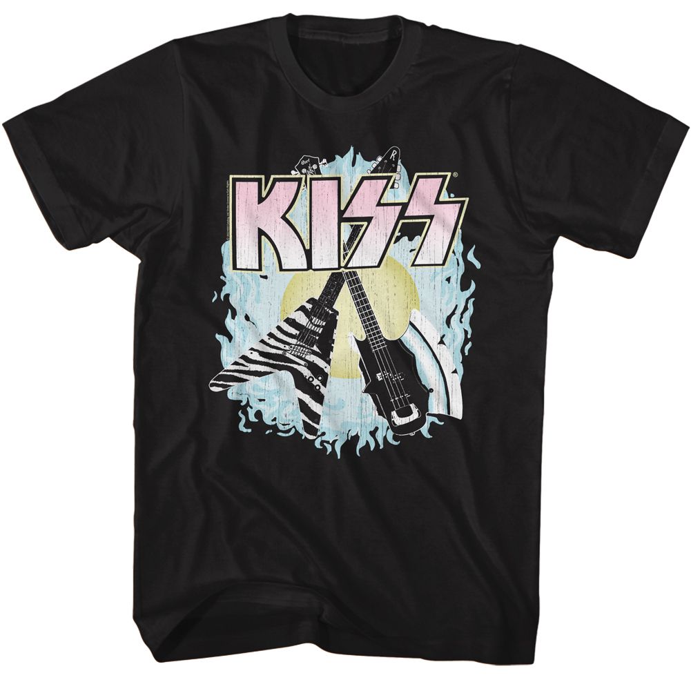Black KISS t-shirt featuring KISS Two Guitars design