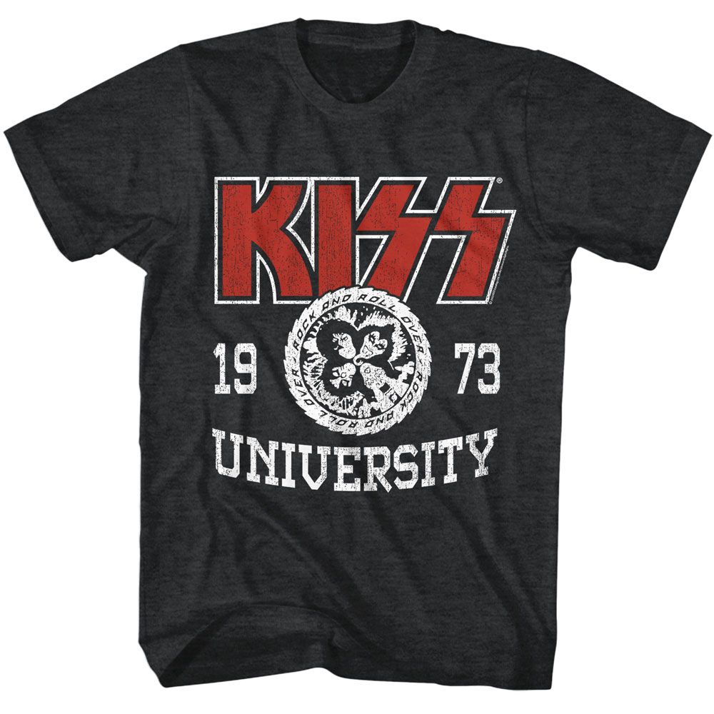 Black heather KISS t-shirt featuring KISS University design