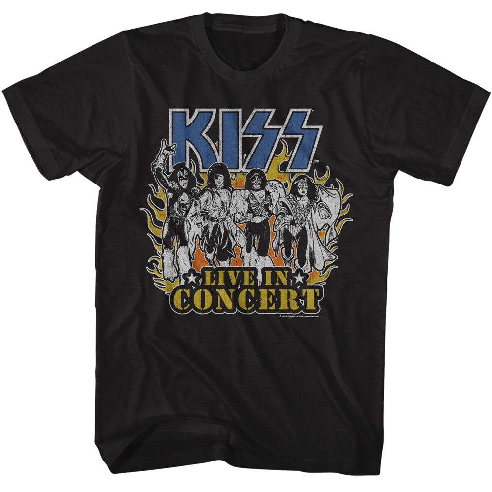 Black KISS t-shirt featuring KISS Live In Flames design