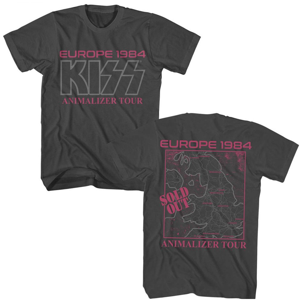 Smoke gray KISS t-shirt featuring KISS Europe 1984 tour design (front and back)