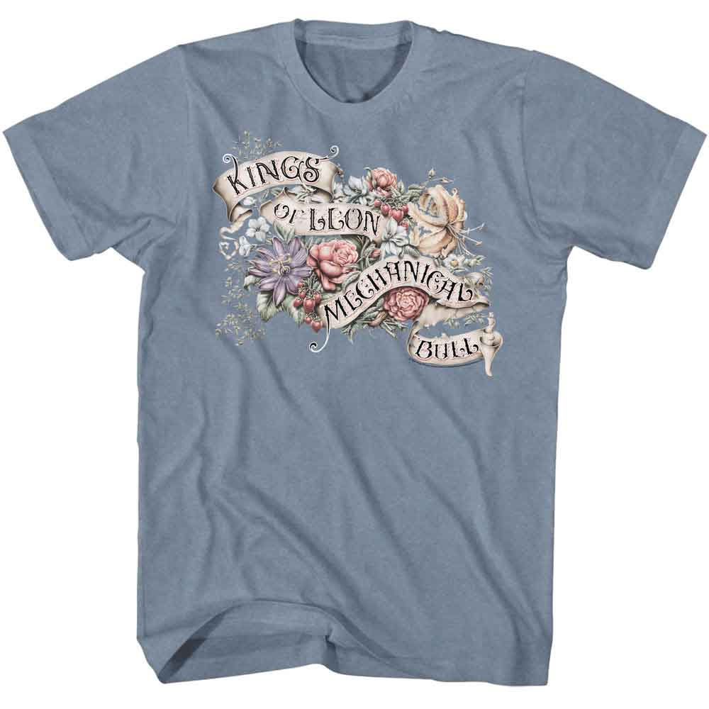 Indigo heather Kings of Leon t-shirt featuring Kings of Leon Mechanical Bull 2013 album design