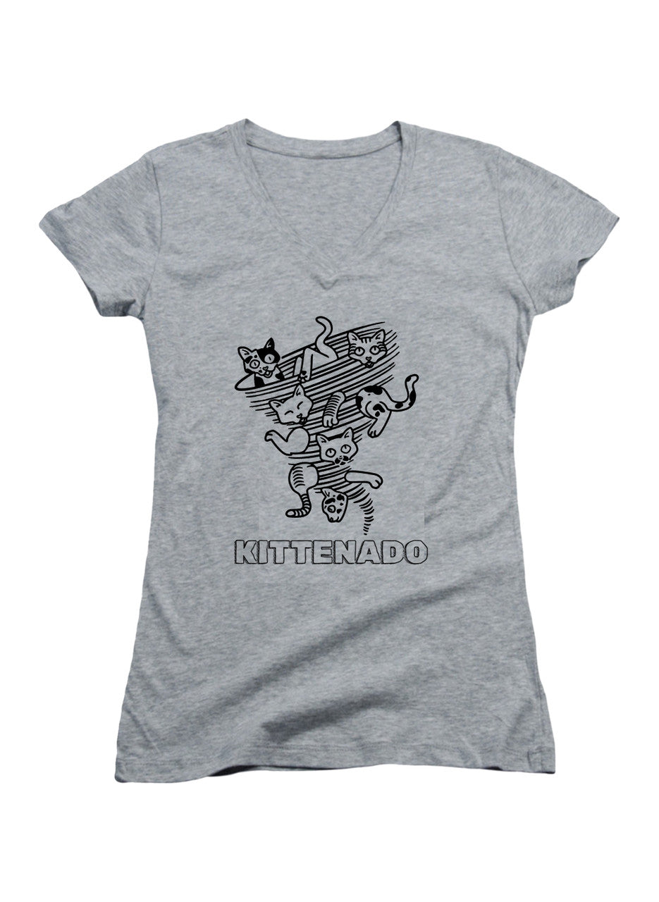 Gray Kittenado Juniors V-Neck T-Shirt
