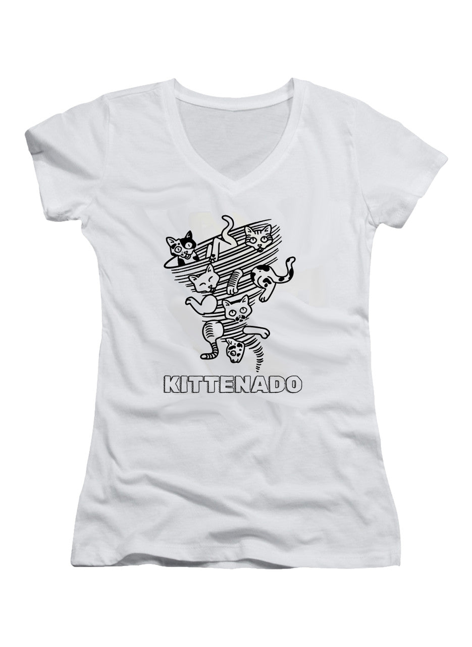 White Kittenado Juniors V-Neck T-Shirt