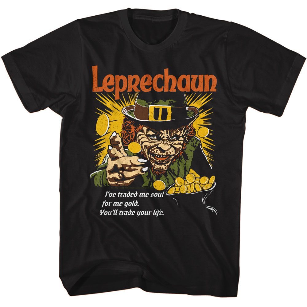 Black Leprechaun t-shirt featuring Leprechaun Traded Me Soul design