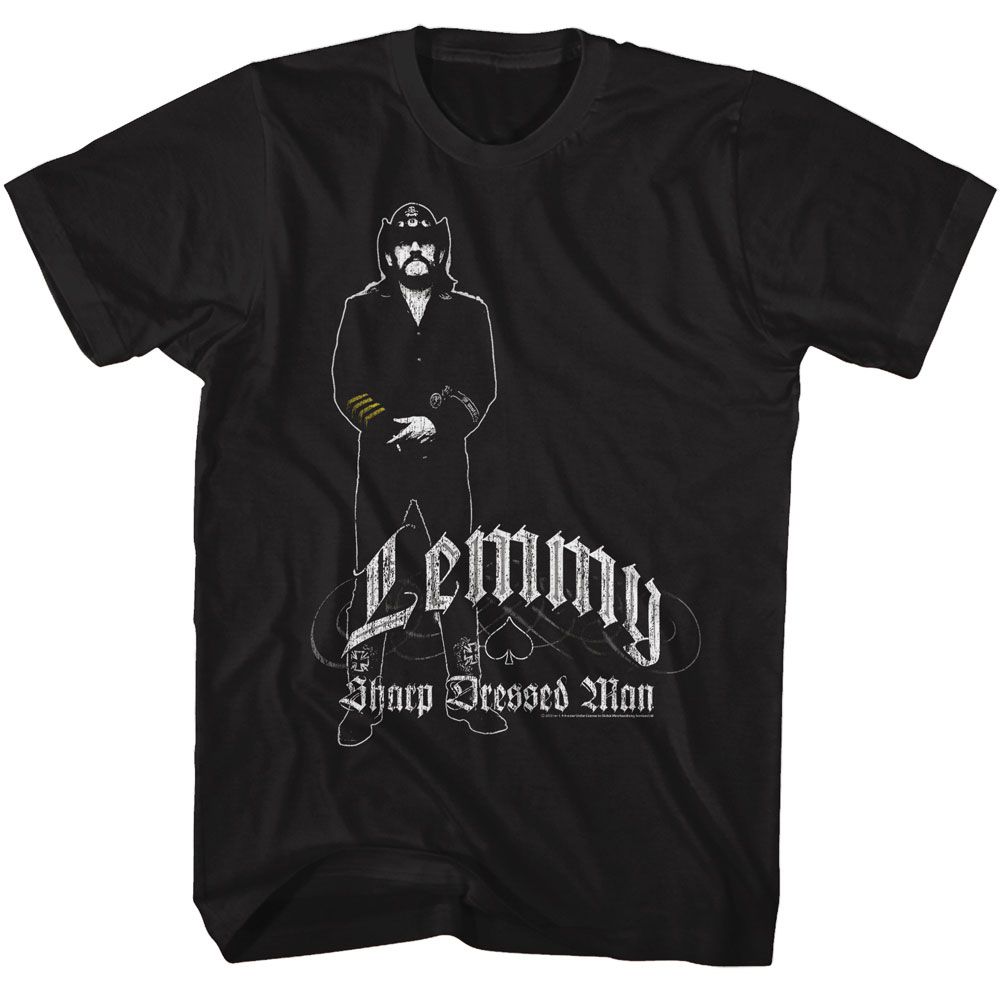 Black Lemmy t-shirt featuring Lemmy Sharp Dressed Man design