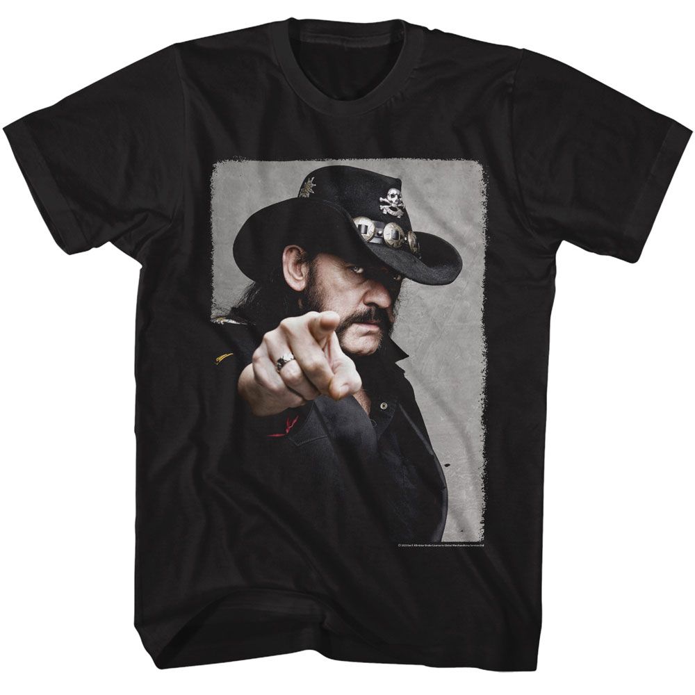 Black Lemmy t-shirt featuring Lemmy Pointing design