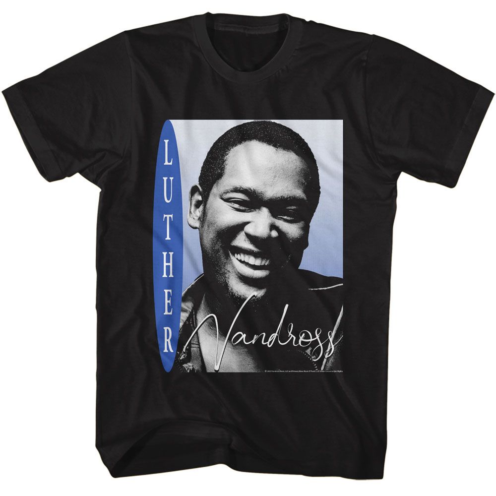 Black Luther Vandross t-shirt featuring Luther Vandross Smiling Photo design