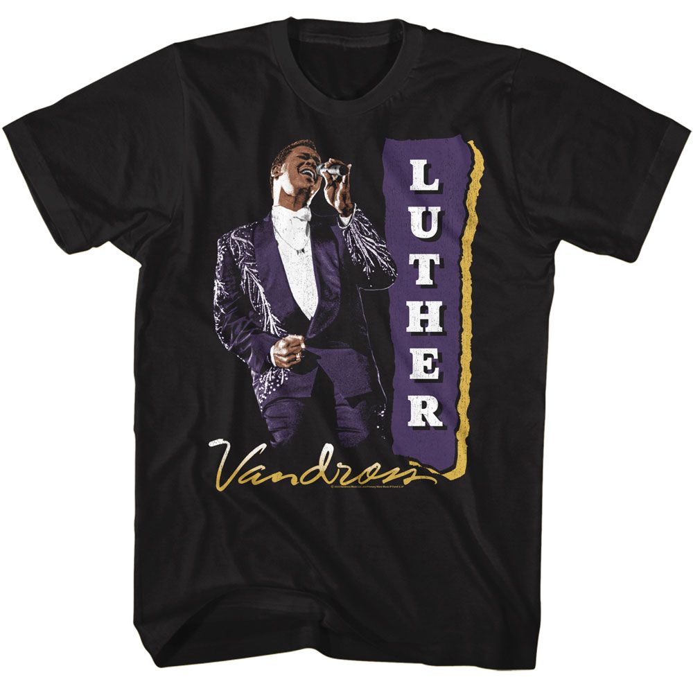 Black Luther Vandross t-shirt featuring Luther Vandross Purple Suit design