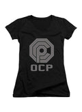 Black Logo Abbreviated Juniors V-Neck T-Shirt