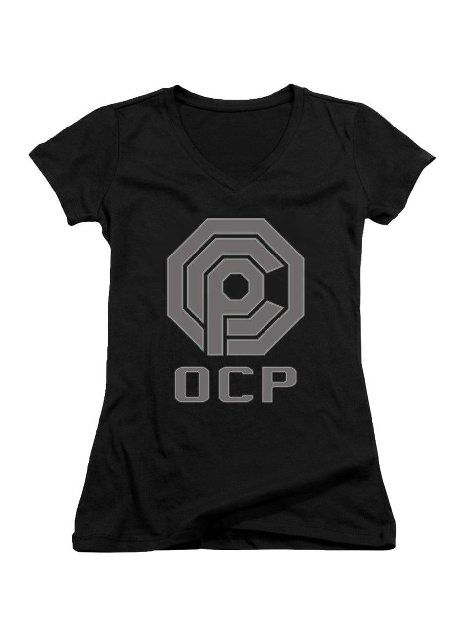 Black Logo Abbreviated Juniors V-Neck T-Shirt