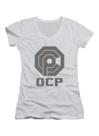 White Logo Abbreviated Juniors V-Neck T-Shirt
