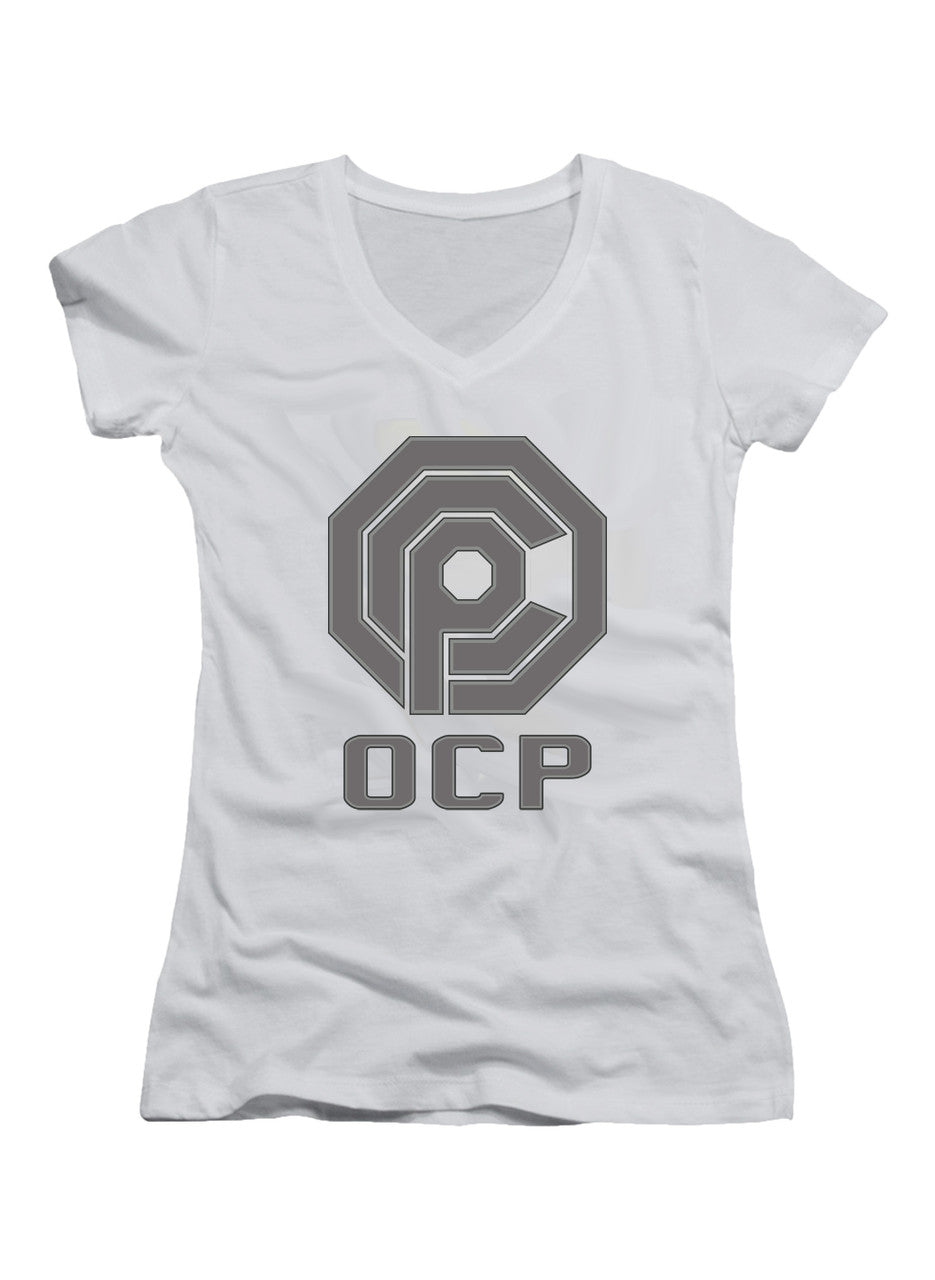 White Logo Abbreviated Juniors V-Neck T-Shirt