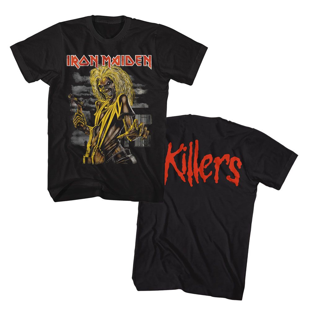Black Iron Maiden t-shirt featuring Iron Maiden Killers design (front and back)