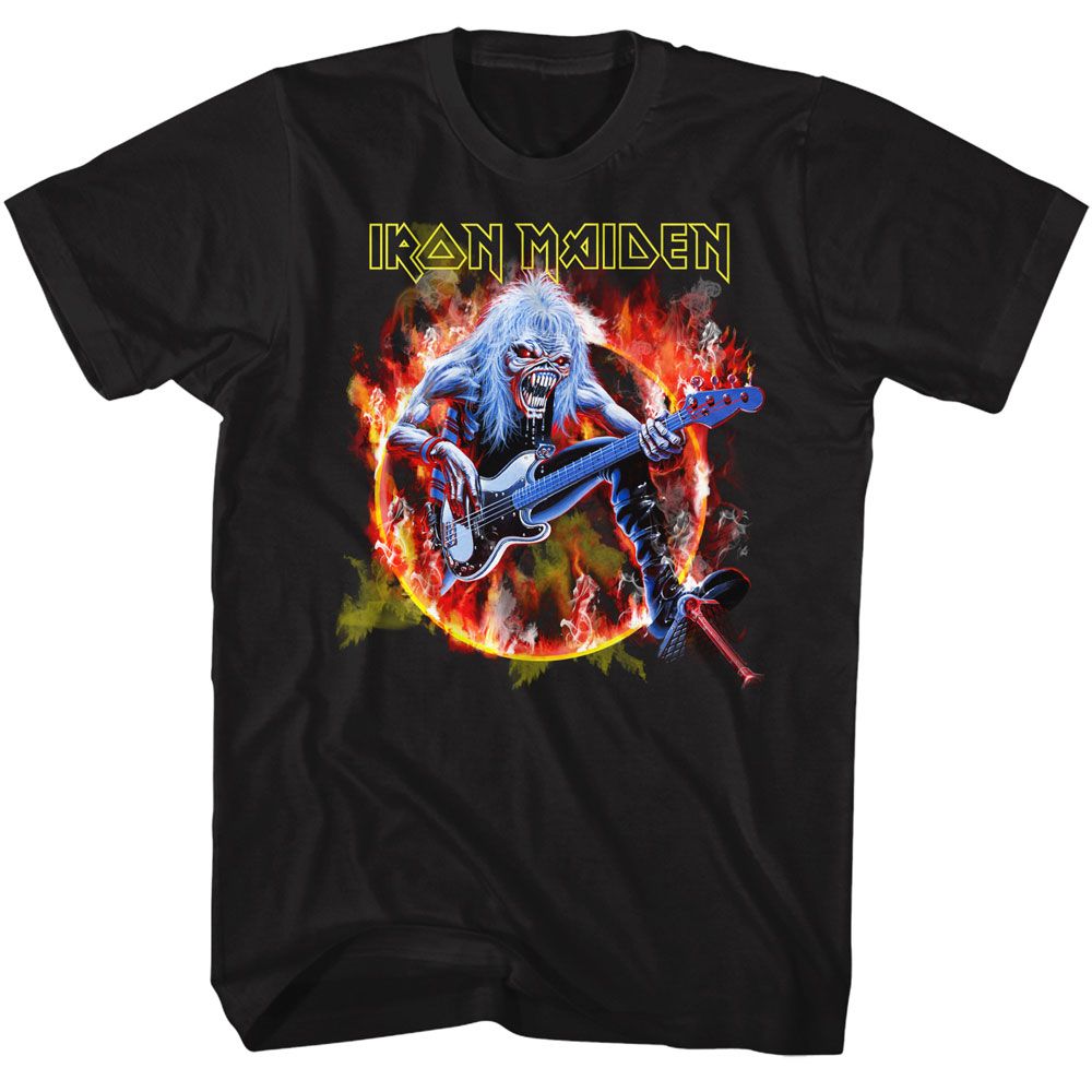 Black Iron Maiden t-shirt featuring Iron Maiden Flaming Circle design