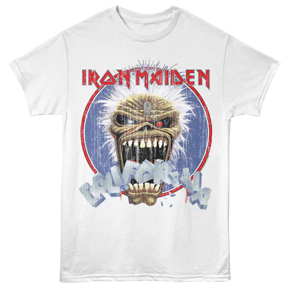 White Iron Maiden t-shirt featuring Iron Maiden Cali Stone Text design
