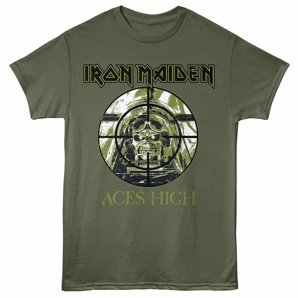 Military green Iron Maiden t-shirt featuring a Aces High design