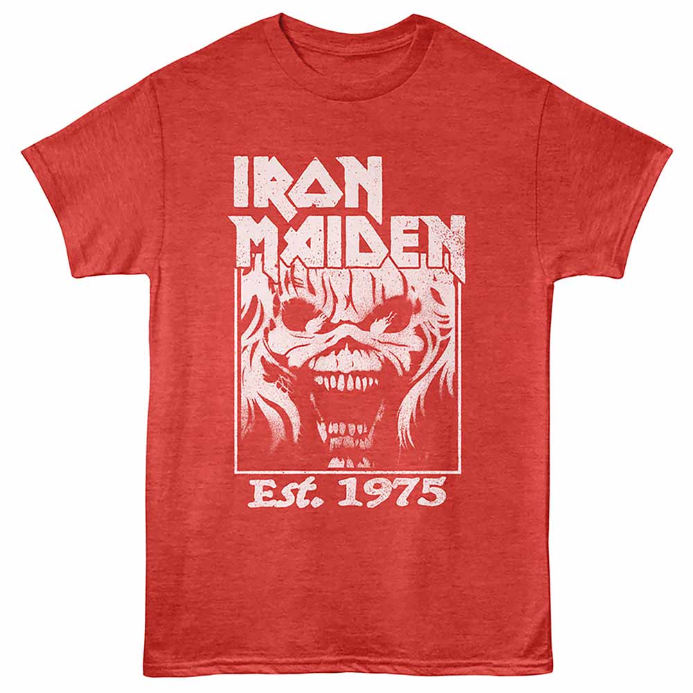 Red heather Iron Maiden t-shirt featuring a Est. 1975 design