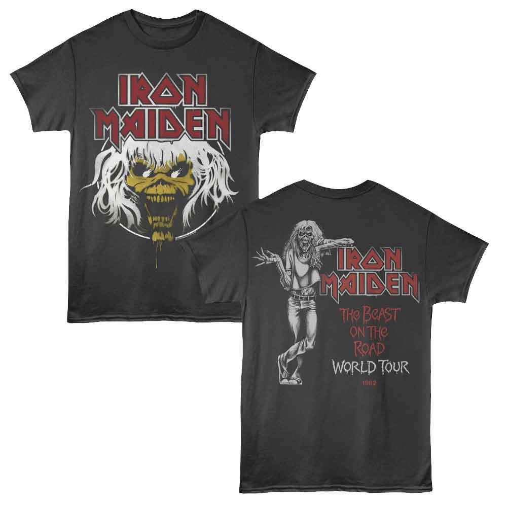 Smoke gray Iron Maiden t-shirt featuring Iron Maiden World Tour 1982 design (front and back)