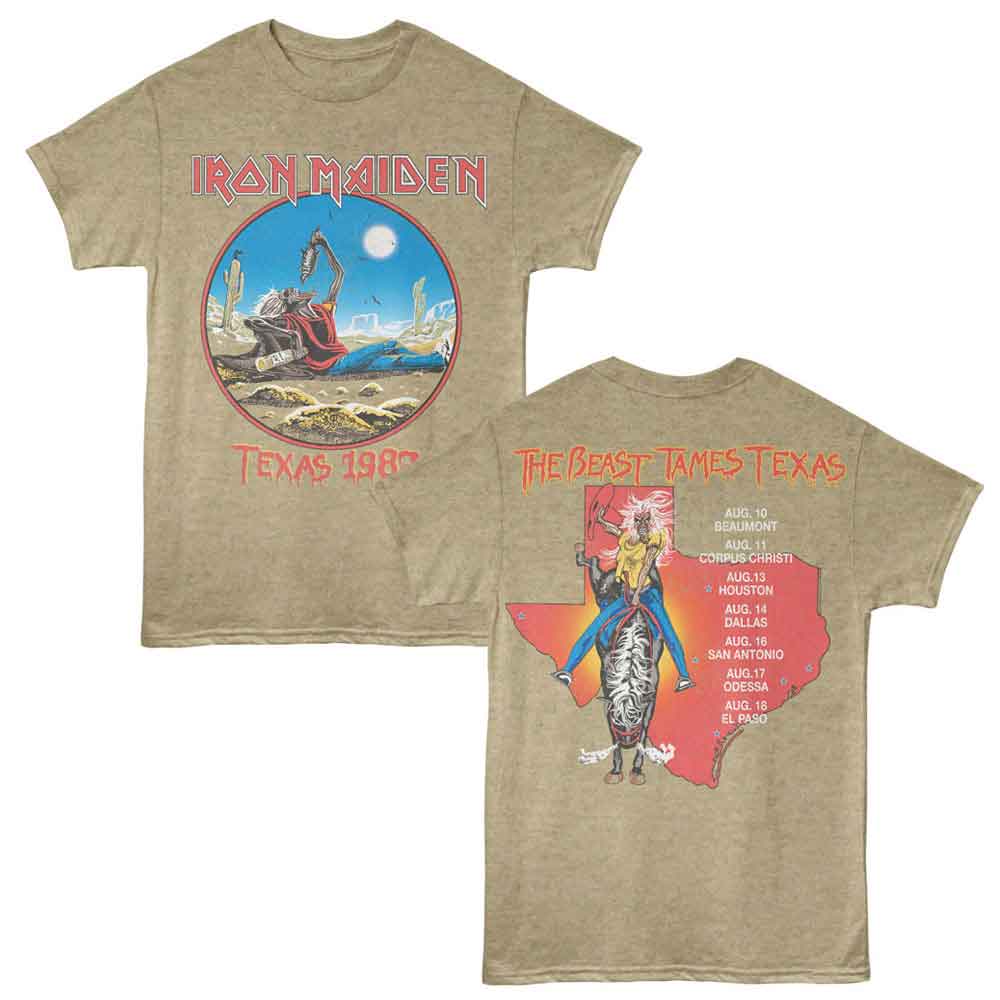 Khaki Heather Iron Maiden t-shirt featuring a Texas 1982 F&B design