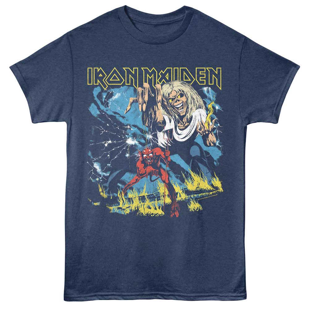 Navy heather Iron Maiden t-shirt featuring Iron Maiden Number Of The Beast album art design